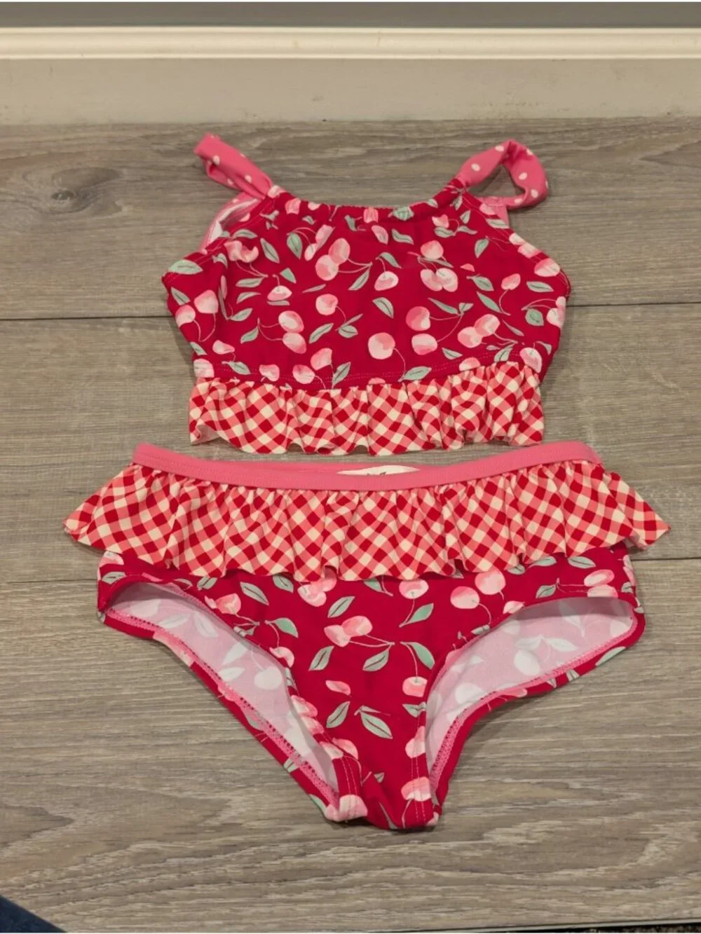 Matilda Jane Girls Sandy Springs Cherry Gingham Red Ruffle Two-Piece Swimsuit 10